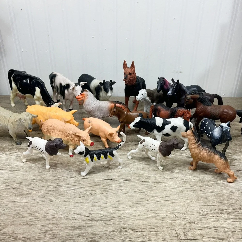 Vintage Safari Ltd Farm Animal Figurine Lot Horses Cows Pigs Dogs 19pc Mixed Set